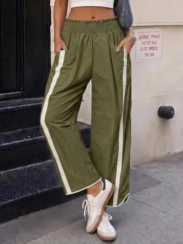 Vista 5 de Fisoew Pantalones deportivos holgados de pierna ancha para mujer, cintura Verde militar