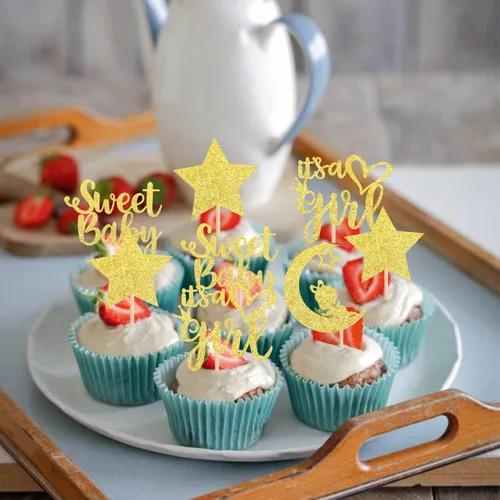 Vista 5 de 36 piezas de decoración para cupcakes con diseño de luna con purpurina de luna y estrella para revelación de género de bebé, baby shower, fiestas