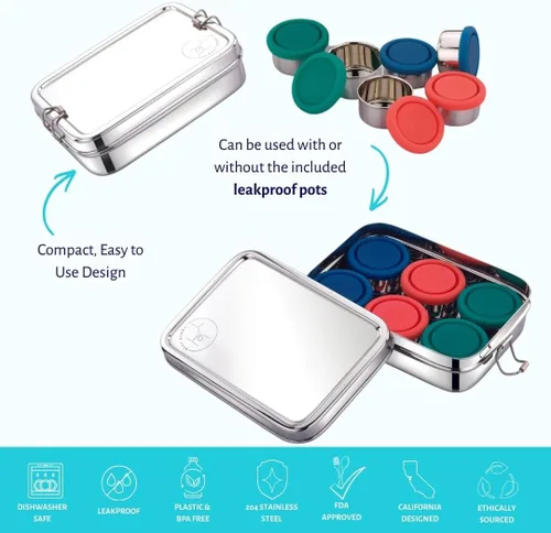 Vista 3 de Caja Bento reutilizable de acero inoxidable: 6 recipientes de 1.7 fl oz incluidos Sin plástico Apto para lavavajillas Sin derrames, a prueba