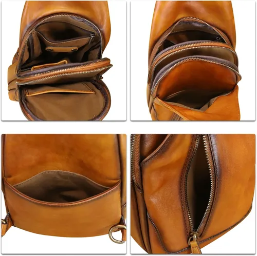 Vista 6 de LRTO Bolso bandolera de cuero genuino para hombres y mujeres, bolso cruzado de hombro de cuero real, bolsa de pecho, mochila