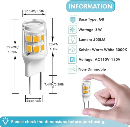 Vista 2 de Bombilla LED G8, 3 W (equivalente a halógeno de 20 W-25 W), base bi-pin G8 GY8.6, para iluminación de cocina debajo del mostrador, luz debajo