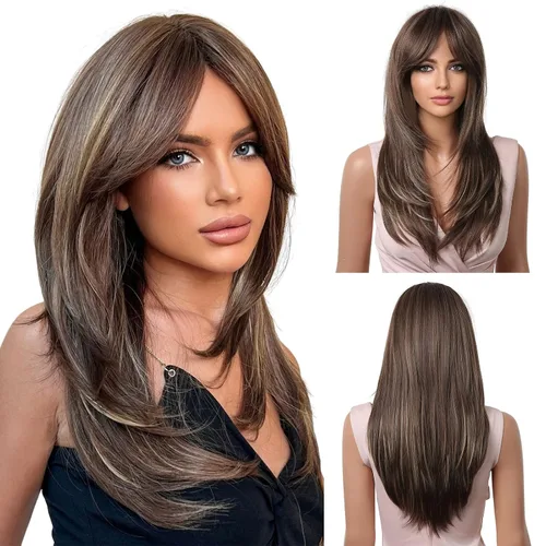Vista 7 de HAIRCUBE Pelucas largas de color marrón oscuro con reflejos para mujer, peluca de pelo sintético rizado ondulado para uso diario