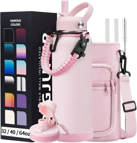 Vista 33 de Botella de agua aislada de 1 galón, con popote y tapa de pico automático, mango de paracord, funda para botella, botella de agua de acero inoxidable