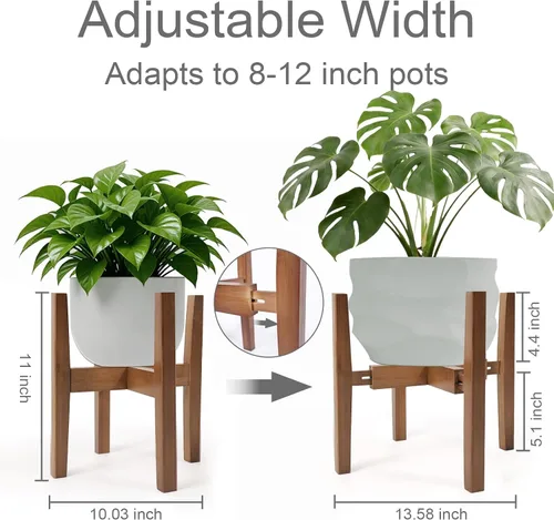 Vista 2 de Soporte de bambú natural para interiores, estante ajustable para plantas de interior que se adapta a macetas de 8 a 12 pulgadas, decoración moderna