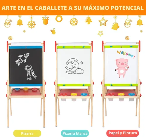 Vista 5 de Caballete de madera para niños con rollo de papel y accesorios Hape All-in-One