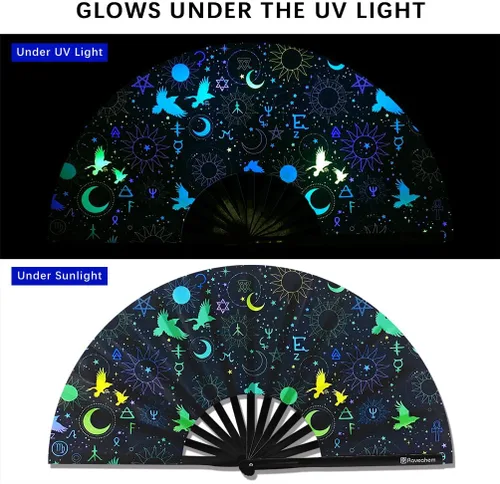 Vista 2 de Ventilador plegable grande, ventilador Clack Rave de 13 pulgadas, ventilador de mano para mujeres y hombres con tela de satén de alta calidad, marco