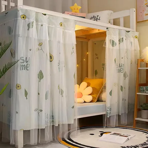 Vista 3 de Cortinas de gasa bonitas genéricas para litera con dosel de cama con encaje, 2 paneles, aguacate