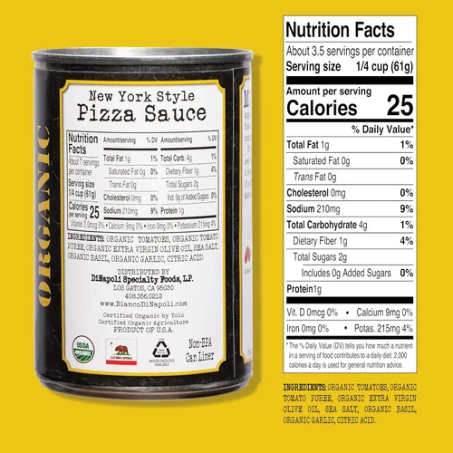 Vista 2 de Salsa orgánica para pizza estilo NY Bianco DiNapoli, 15 onzas (paquete de 8), tomates cultivados en California maduros en la vid, con ajo, especias