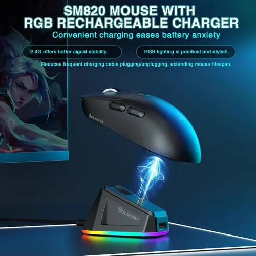 Vista 3 de SOLAKAKA SM820 - Mouse inalámbrico para juegos con base de carga RGB, mouse inalámbrico de tres modos de 24000 DPI con 2 botones laterales, mouse
