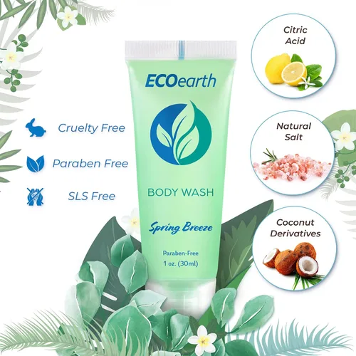 Vista 2 de EcoEarth Gel de baño de tamaño viaje (1 onza líquida, 100 unidades, brisa de primavera), deleita a tus invitados con un gel de baño revitalizante