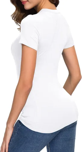 Vista 6 de Camiseta entallada de mujer con cuello redondo y manga corta, prenda básica elástica y ajustada