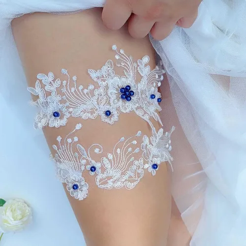 Vista 4 de Conjunto de ligas de boda de perlas de encaje nupcial elástico para muslo, accesorios para novia dama de honor (2 unidades)