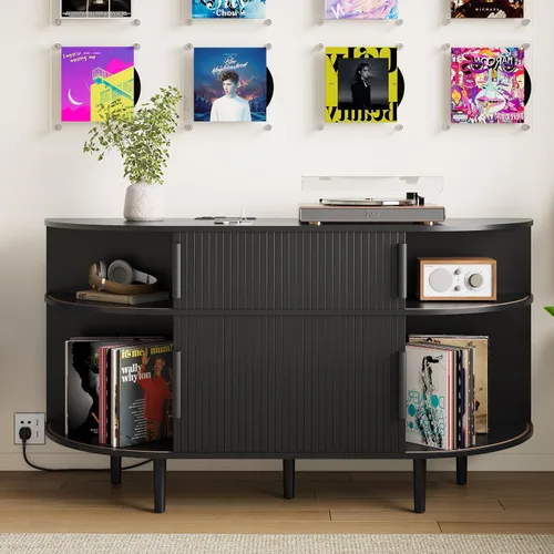 Vista 3 de Soporte grande para tocadiscos, gabinete de almacenamiento de discos de vinilo de madera de 55 pulgadas con estación de carga y puertos USB, mesa