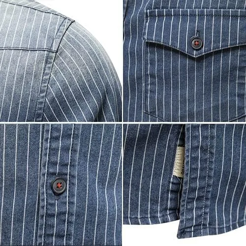 Vista 3 de LONGBIDA Camisa de mezclilla para hombre, con botones, de manga larga, casual, ajustada