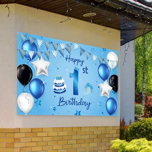 Vista 6 de Cartel de fondo de feliz primer cumpleaños azul para recién nacidos, fondo de fotografía para primer cumpleaños, suministros de decoración de fiesta