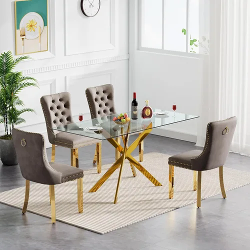 Vista 23 de Juego de mesa de comedor de cristal para cocina de 4, 5 piezas, mesa de comedor rectangular de 51 pulgadas con 4 sillas de cocina de terciopelo