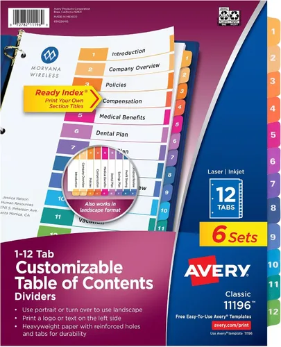 Vista 9 de Avery Separadores de 12 pestañas para carpetas de 3 anillas, índice personalizable, pestañas multicolor, 6 juegos (11196)