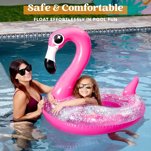 Vista 2 de JOYIN Flotadores inflables de flamenco para piscina, tubo de natación con purpurina para adultos y niños, divertida balsa flotante para playa, lago