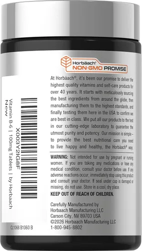 Vista 3 de Horbaach Vitamina B6 100mg 120 Tabletas Piridoxina HCl