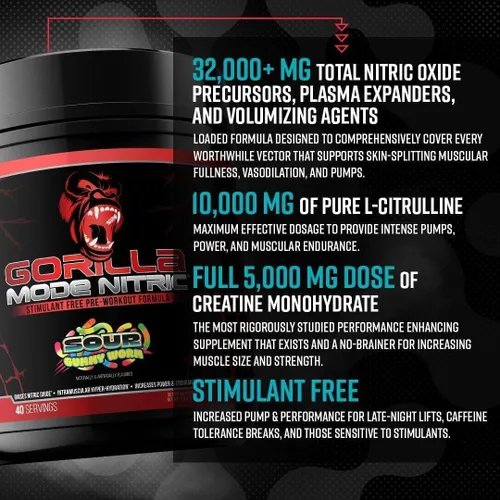 Vista 5 de Gorilla Mode Nitric mejorado sin estimulantes antes del entrenamiento – Mejor sabor y más eficaz sin estimulantes antes del entrenamiento/bomba