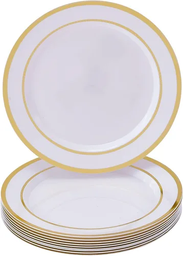Vista 3 de Silver Spoons Platos desechables resistentes, 10 platos llanos desechables, 10.25 pulgadas, color blanco con platos de borde plateado, colección Ritz