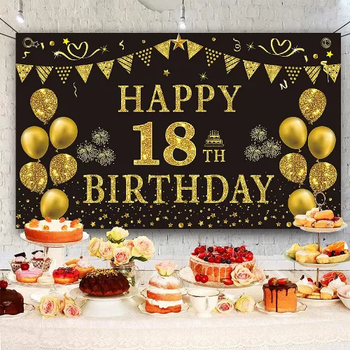 Vista 4 de Trgowaul Decoraciones de cumpleaños número 18 para hombres, pancarta de fondo negro y dorado de 5.9 x 3.6 pies, suministros de fotografía de feliz