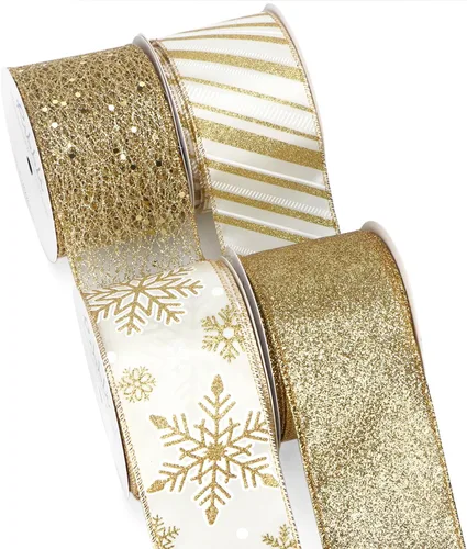 Vista 8 de Ribbli - Cinta con alambre dorada champagne para árbol de Navidad, cinta de malla con purpurina y diseño de copos de nieve para manualidades