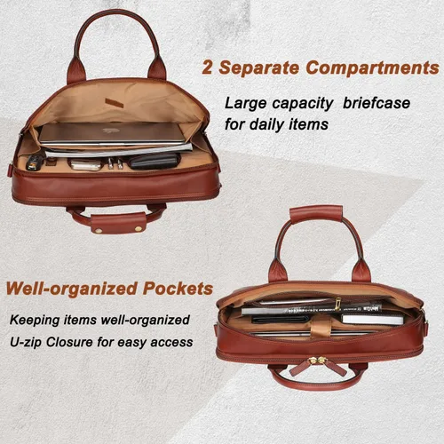 Vista 7 de Banuce Full Grains - Maletín de cuero italiano para hombre, funda para laptop de 14 pulgadas, bolsa de mensajero para negocios