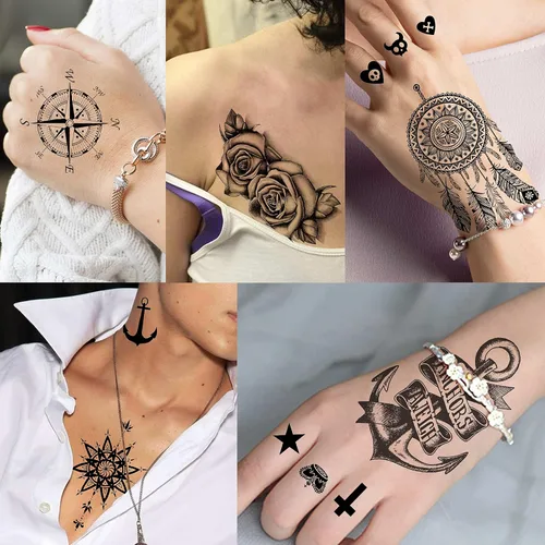 Vista 3 de VANTATY 66 hojas de tatuajes temporales negros pequeños en 3D para mujeres y hombres, impermeables, calcomanías falsas para rostro, cuello, brazo