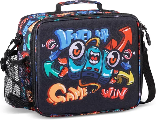 Vista 10 de rockpapa Lonchera infantil para niños con correa, impermeable, resistente a las manchas y al aceite, bolsa de almuerzo aislada, bolsa de almuerzo