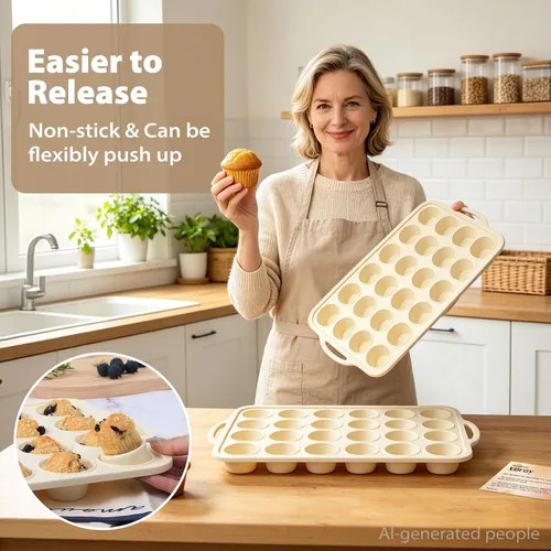Vista 3 de Beige Mini Silicone Muffin Molds: 2 Pack 24 Small Cupcake Mold for Baking