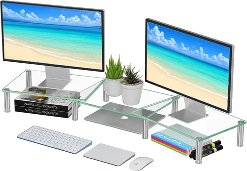 Vista 7 de Simple Trending - Paquete de 2 elevadores para monitores de computadora con altura ajustable, vidrio templado, soporte de escritorio multifuncional