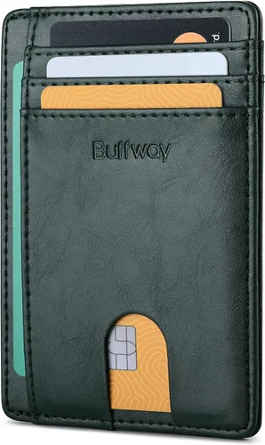 Vista 22 de Buffway - Carteras de cuero delgadas minimalistas con bolsillo frontal y bloqueo RFID para hombres y mujeres, negro (Alaska Black), Minimalista