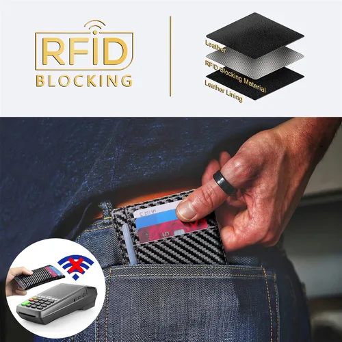 Vista 5 de Travelambo Cartera delgada de cuero minimalista con bolsillo frontal, bloqueo RFID, textura de fibra de carbono