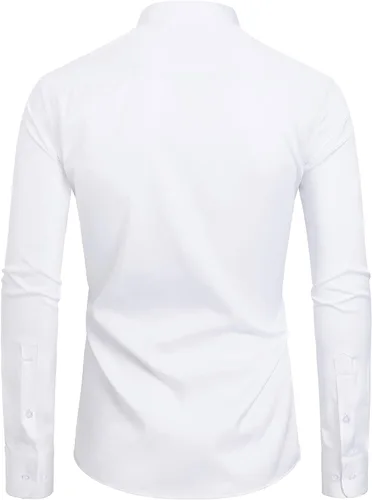 Vista 2 de JVer Mens Banded Collar Dress Shirt Long Sleeve Mandarin Collar Button Down Shirts Solid Stretch Formal Shirt with Pocket
