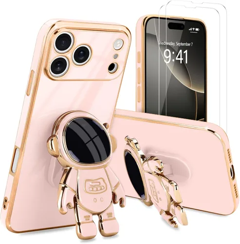 Vista 56 de Pepmune - Funda para iPhone 15 con soporte de astronauta 3D, color negro [2 Screen Protector], Luxury Electroplated Soft TPU Cover with Kickstand