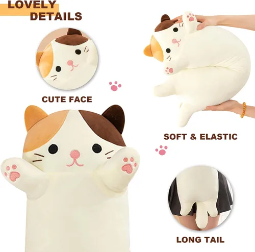 Vista 3 de PEACH CAT Almohada de felpa de gato de 19.6 pulgadas de largo, lindos animales de peluche de gatito, juguetes de peluche suaves, regalos para niños