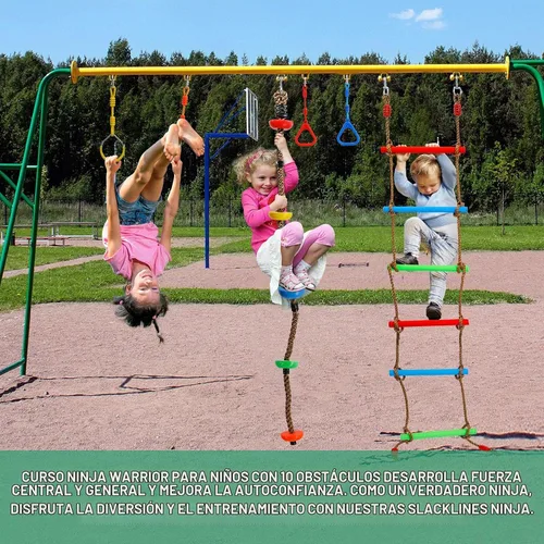 Vista 6 de Ninja Warrior Kit de carrera de obstáculos para niños Ninja Slackline con 10 accesorios, barras de mono, escalera, cuerda de escalada, anillos