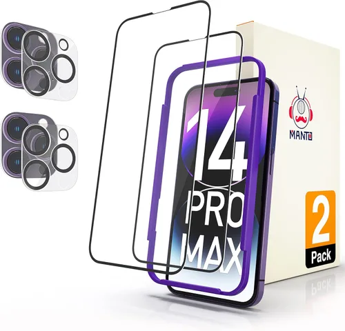 Vista 10 de MANTO Paquete de 2 protectores de pantalla para iPhone 14 Plus (6.7 pulgadas) con 2 protectores de lente de cámara, cobertura completa, HD
