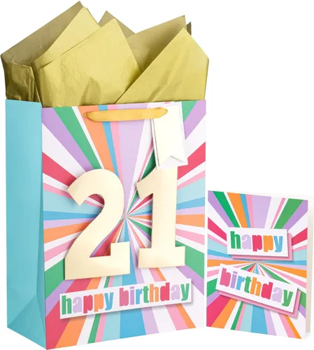 Vista 12 de WRAPAHOLIC Bolsa de regalo de cumpleaños grande de 13 pulgadas con tarjeta y papel de seda - 13 cumpleaños
