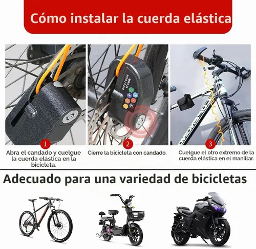 Vista 5 de Set de Candado de Disco con Alarma, Candado de Freno, Antirrobo Impermeable 110 dB con Pasador de 7 mm y Cable de Recordatorio de 1.5 m