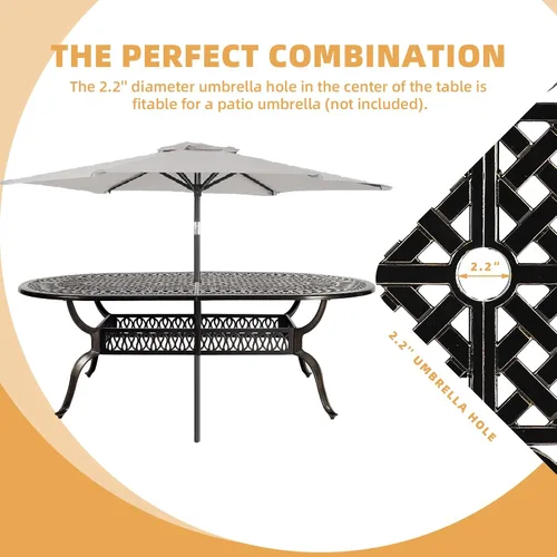 Vista 2 de Juego de comedor de patio de 9 piezas, mesa y sillas de patio al aire libre, mesa de comedor ovalada de aluminio fundido de 84 pulgadas con agujero