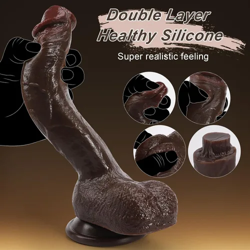 Vista 3 de Consolador realista para principiantes, consoladores negros de silicona suave de 8.4 pulgadas con fuerte ventosa para juego sin manos, pene anal