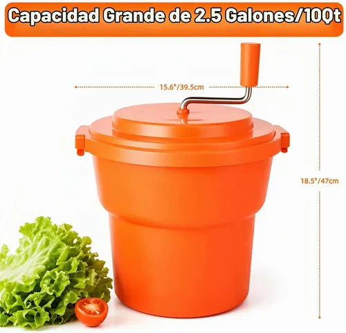 Vista 2 de Secador de lechuga manual de alta resistencia de 2.5 galones / 10 cuartos de galón con eje de acero inoxidable, cesta secadora de verduras de gran