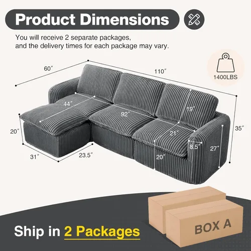 Vista 2 de Sofá modular sin hueso de 110 pulgadas para sala de estar, cómodo sofá modular de nube con otomana, sofás convertibles en forma de L para Gris