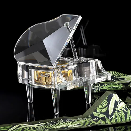 Vista 5 de Caja musical de cristal ELLDOO, caja musical decorativa de relojería con forma de piano, adorno de piano transparente, regalo romántico para niñas