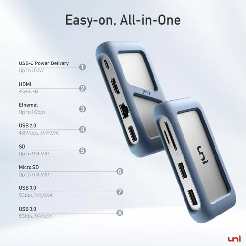 Vista 2 de uni Adaptador multipuerto USB C Hub con cable desmontable, concentrador USB C 8 en 1 con HDMI 4K, Ethernet de 1 Gbps, lector de tarjetas SD, 100 W