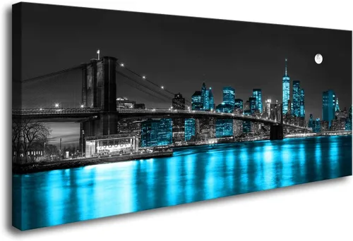 Vista 8 de Aibonnly Arte de Pared Pintura en Lienzo Negro, Blanco y Azul Puente de Brooklyn de Nueva York 1 Pieza Paisaje Urbano Nocturno Edificio Imagen