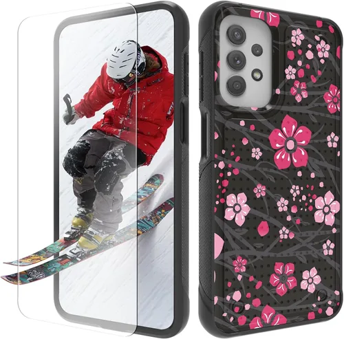 Vista 24 de Funda para Samsung Galaxy A13/A04/A04S/A23/A32 5G con protector de pantalla, parte trasera texturizada de policarbonato duro, diseño de flores