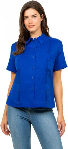 Vista 3 de Mojito Collection Camisa Guayabera tradicional de manga corta para mujer 100% lino Aguamarina